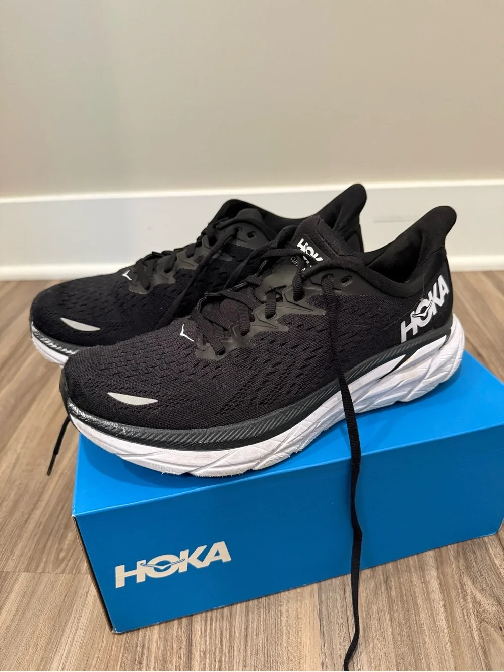 Hoka Women's Clifton 8 Black and White Running Sneakers - Size 8.5